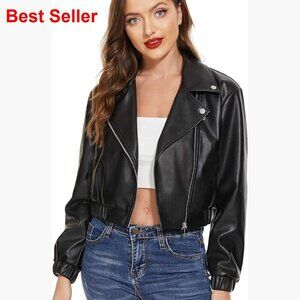 Faux Leather Motorcycle Jacket Cropped Aviator Style